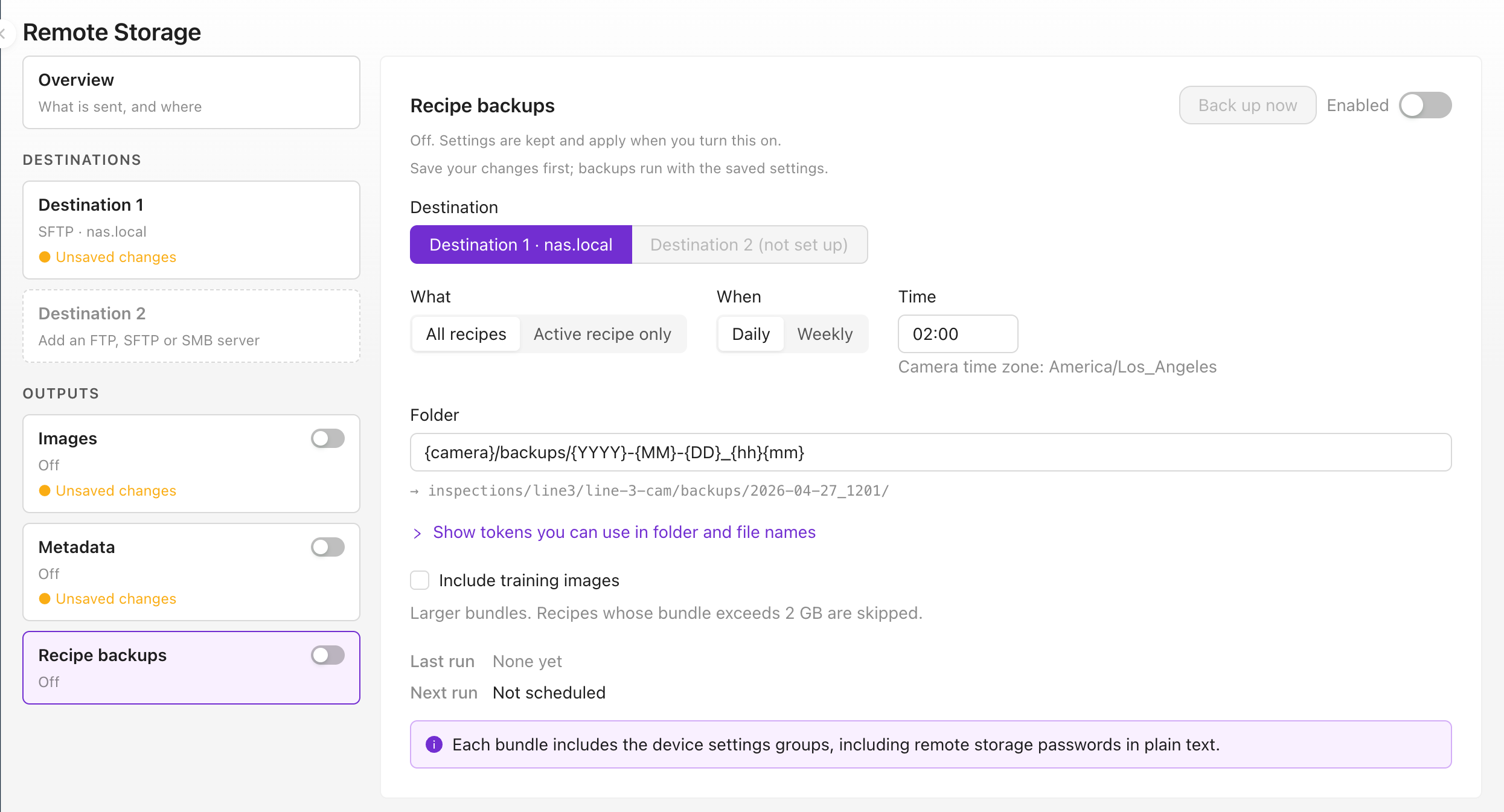 Recipe backups: Back up now, Destination, What (All recipes or Active recipe only), When (Daily or Weekly), Time, Folder, Include training images, Last run and Next run