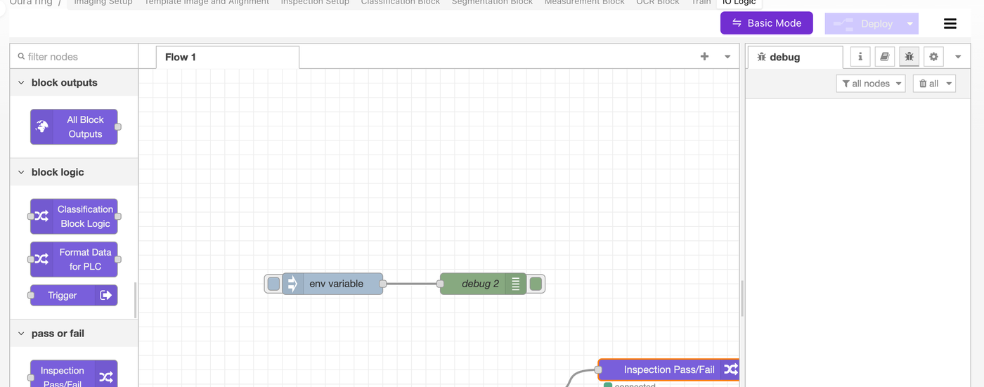 Node-RED-Canvas im IO Block der Kamera — Advanced Mode der IO-Logik-Stufe