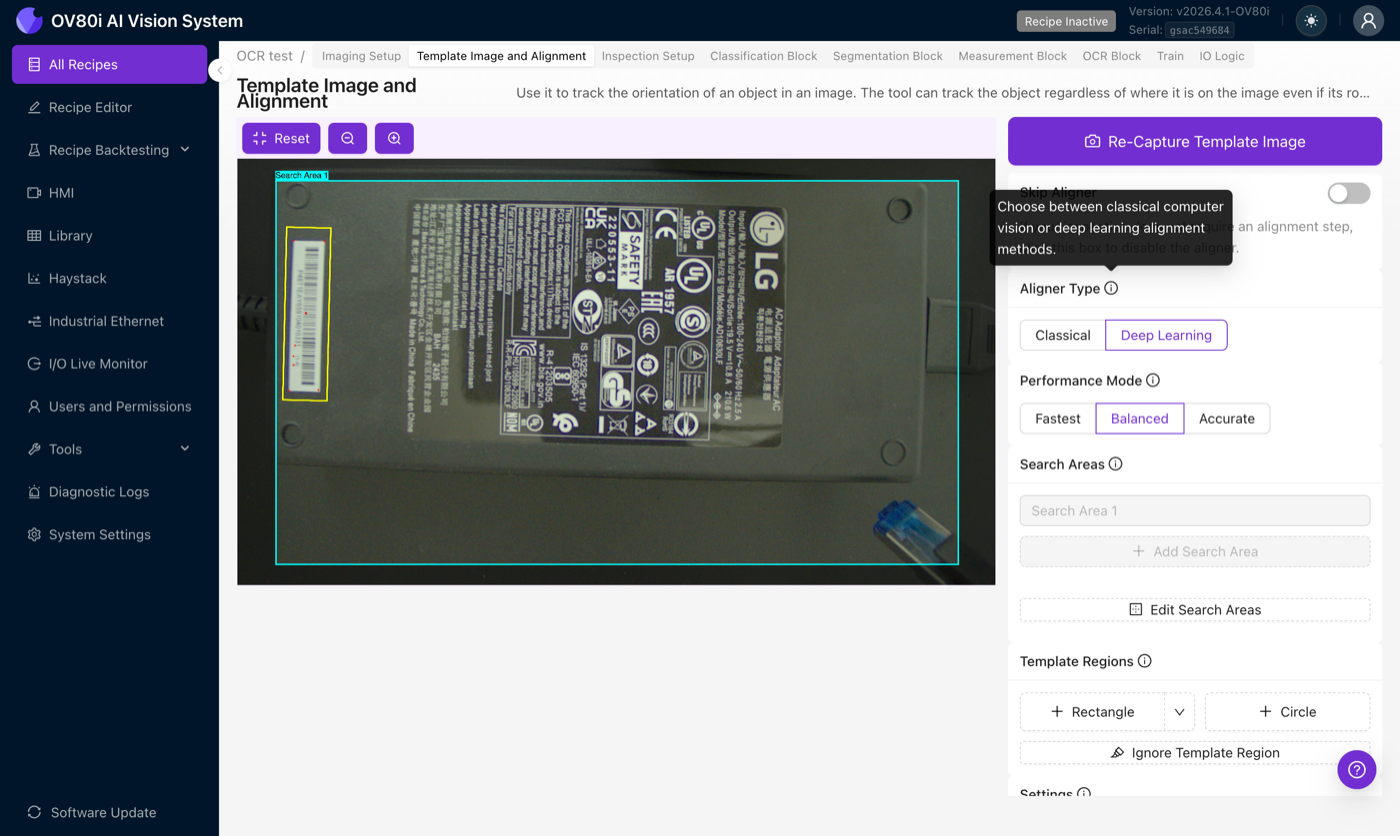 El panel de alineación, con el Tipo de Alineador configurado en Aprendizaje Profundo