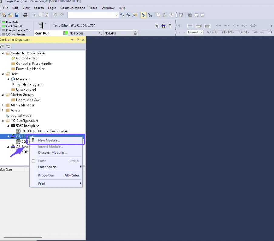 Opción Nueva de Módulo en el Studio 5000 Controller Organizer