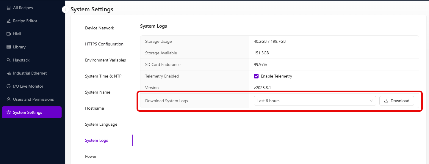 Botón de Descarga de Registros del Sistema