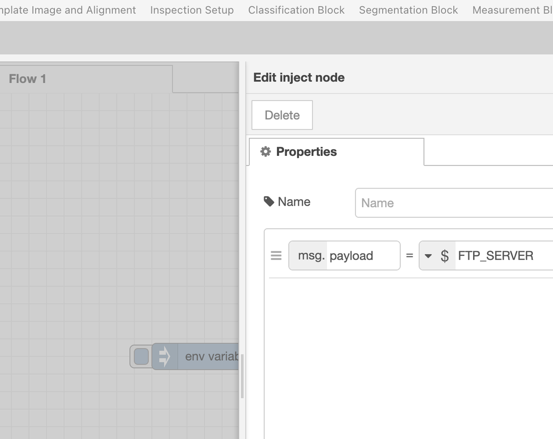 Configuración del nodo inject: msg.payload = $ FTP_SERVER, tipo de payload env