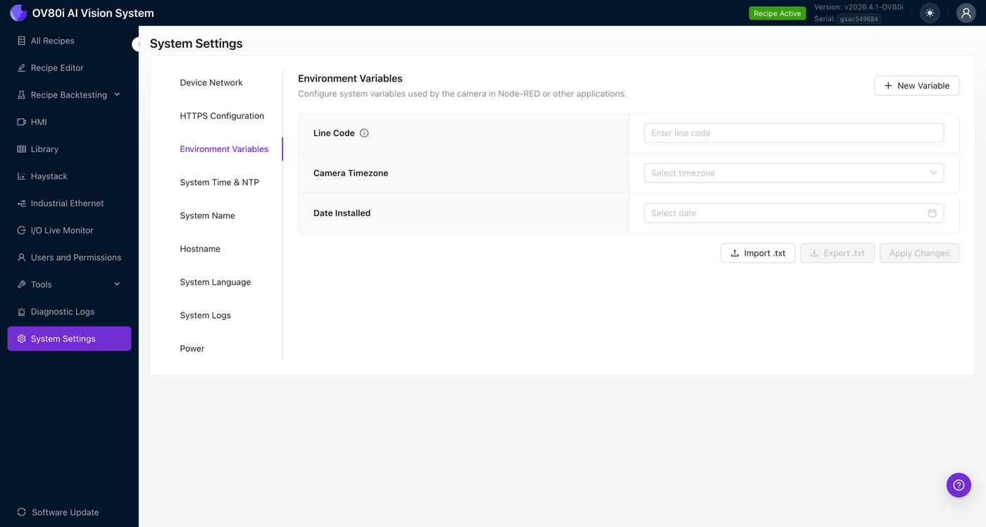 Pestaña Environment Variables en System Settings — Line Code, Camera Timezone, Date Installed