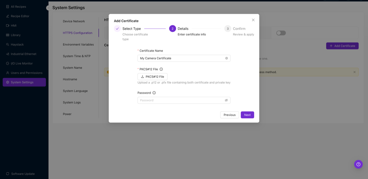 PKCS#12 certificate form with upload button and password field