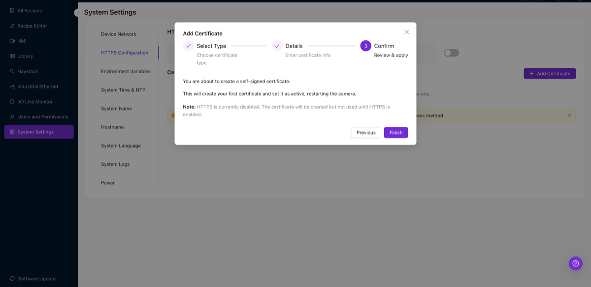 Confirmation screen showing the certificate will be created and set as active