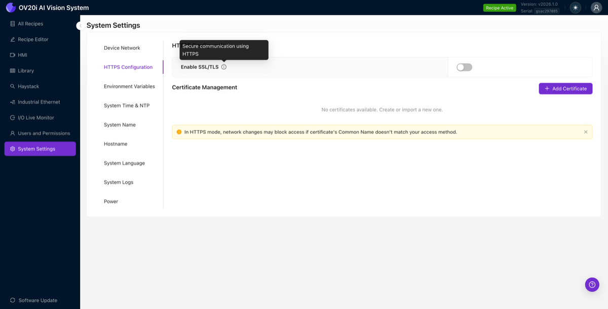 Tooltip de Habilitar SSL/TLS que muestra "Comunicación segura mediante HTTPS"