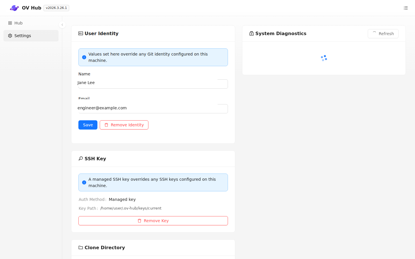 Página de Configuraciones de OV Hub mostrando los campos de Identidad de Usuario y la sección de administración de Clave SSH