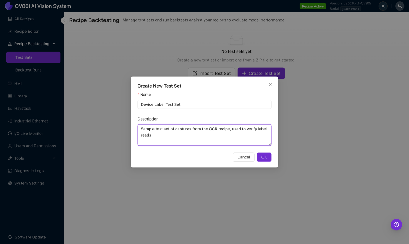 Create Test Set dialog