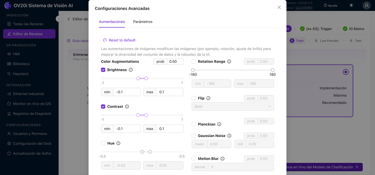 Configuraciones Avanzadas: aumentos de datos y parámetros de entrenamiento