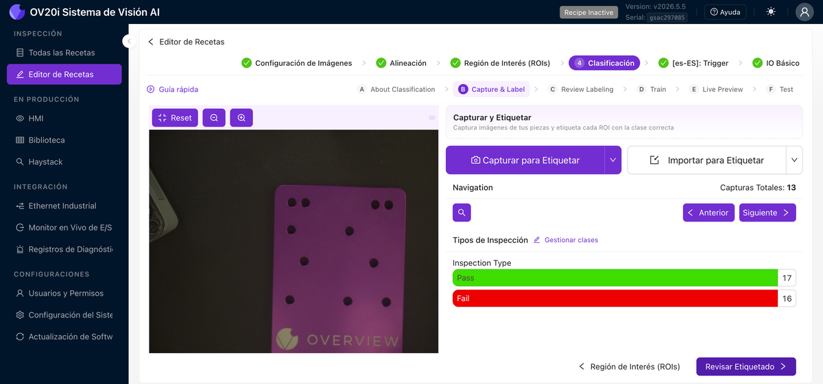 Pestaña Captura y Etiquetado con conteos por clase