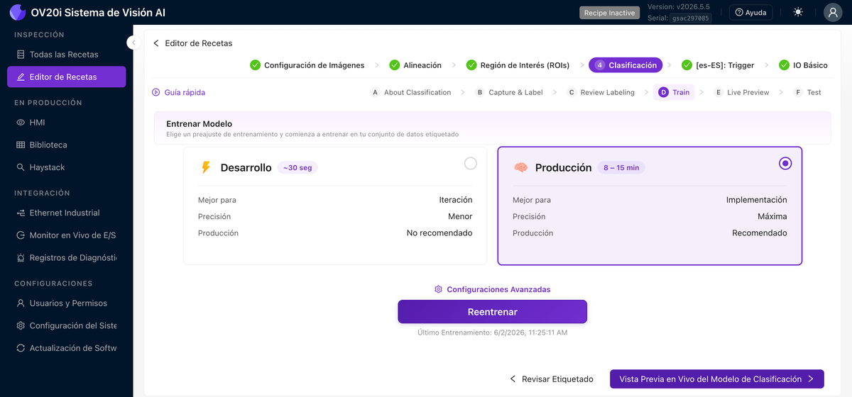 Pestaña Entrenar con preajustes Development y Production