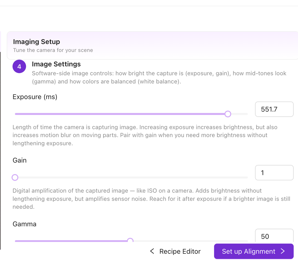 Exposure, Gain, and Gamma sliders in the Image Settings section