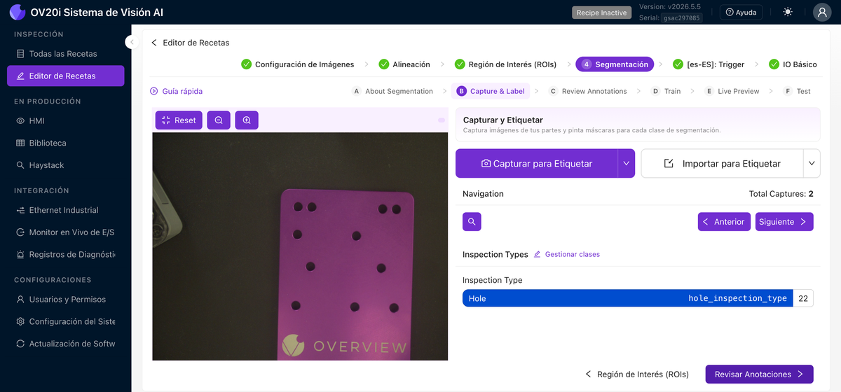 Pestaña Captura y Etiquetado para el segmentador: máscaras pintadas y las herramientas de anotación Pan, Brush, Polygon, Eraser y AI
