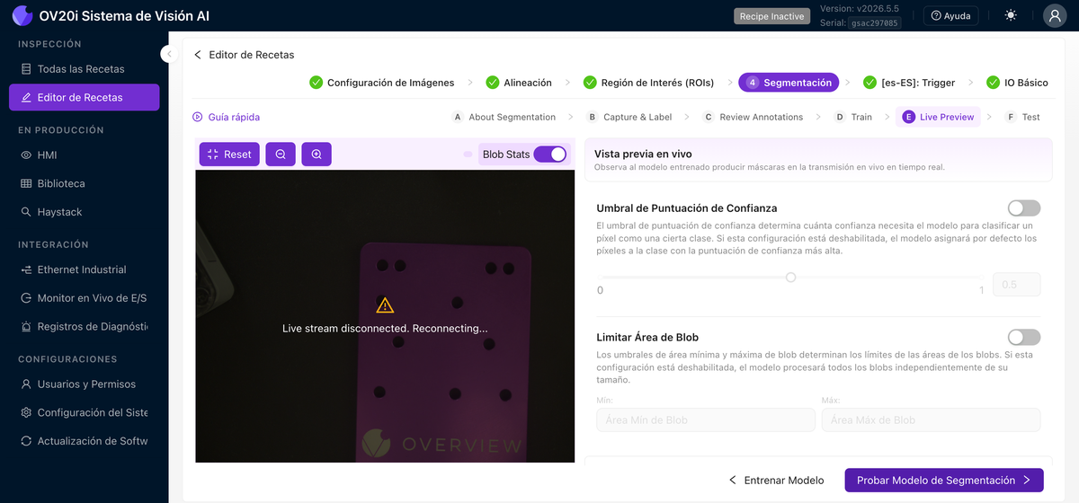 Vista Previa en Vivo de Segmentación con estadísticas de blobs y umbrales