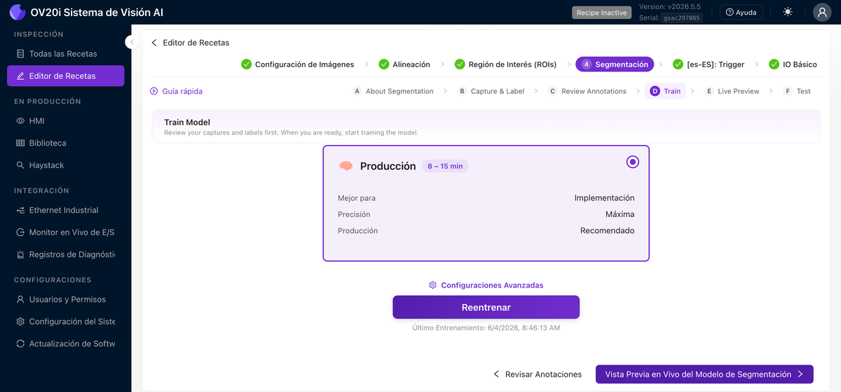 Pestaña de Entrenamiento de Segmentación con el preset de Producción