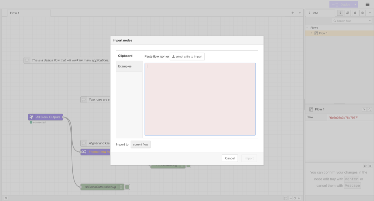 Node-RED Import dialog with clipboard and file import options