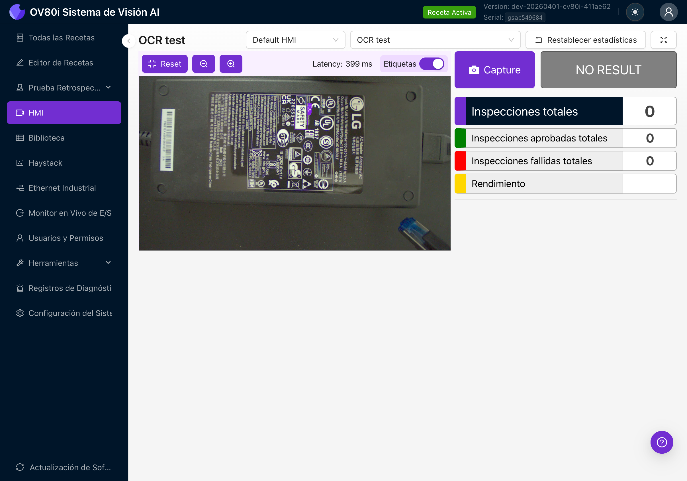 HMI view showing live OCR inspection results