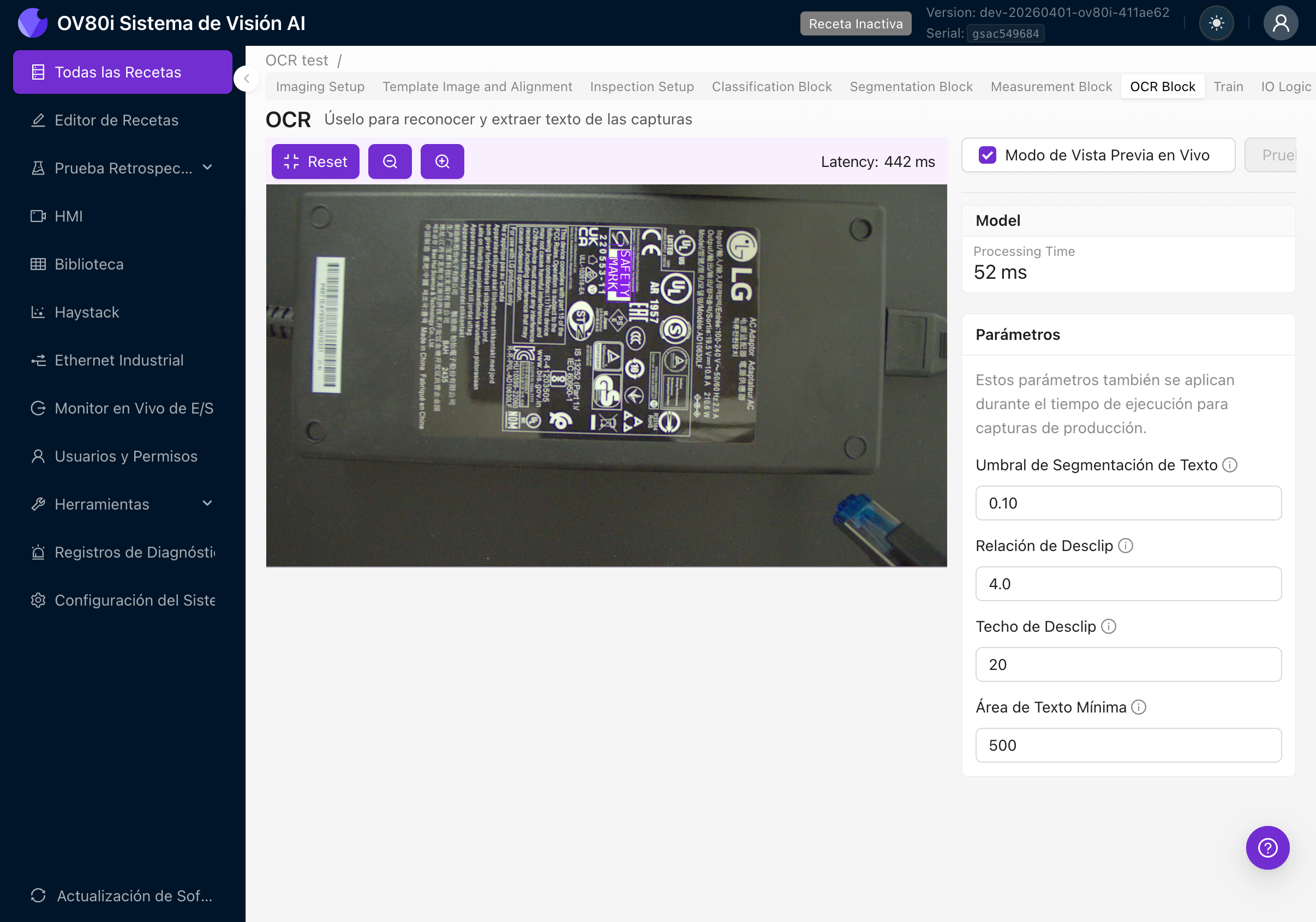 OCR Live Preview with parameters panel