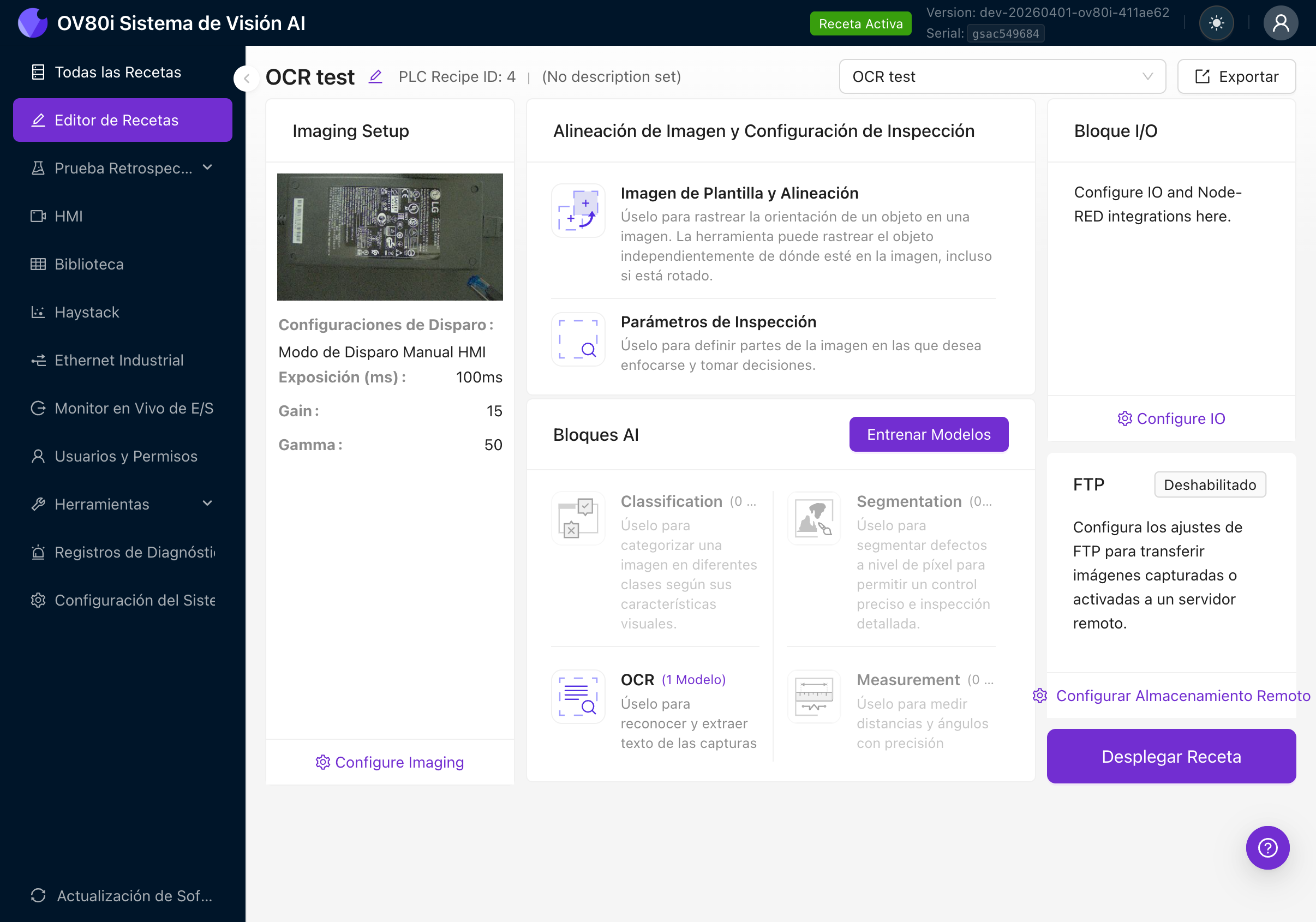 Editor de Recetas: visión general con todos los bloques