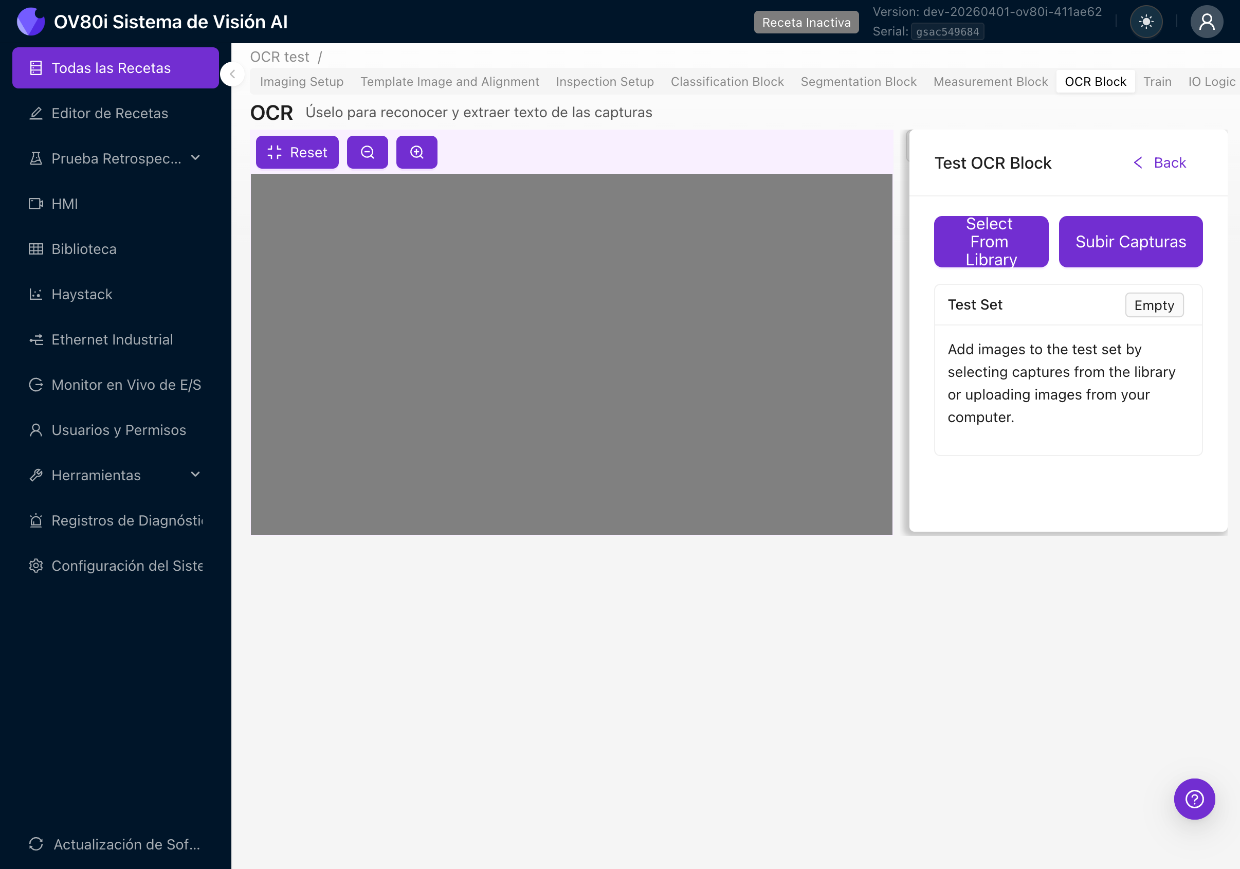 Test OCR Block panel with Select From Library and Upload options