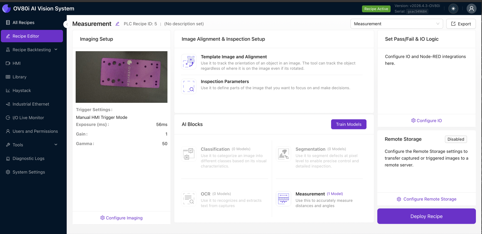 El editor de recetas para una receta de Medición — configuración de imagen, alineación, inspección y los cuatro Bloques AI