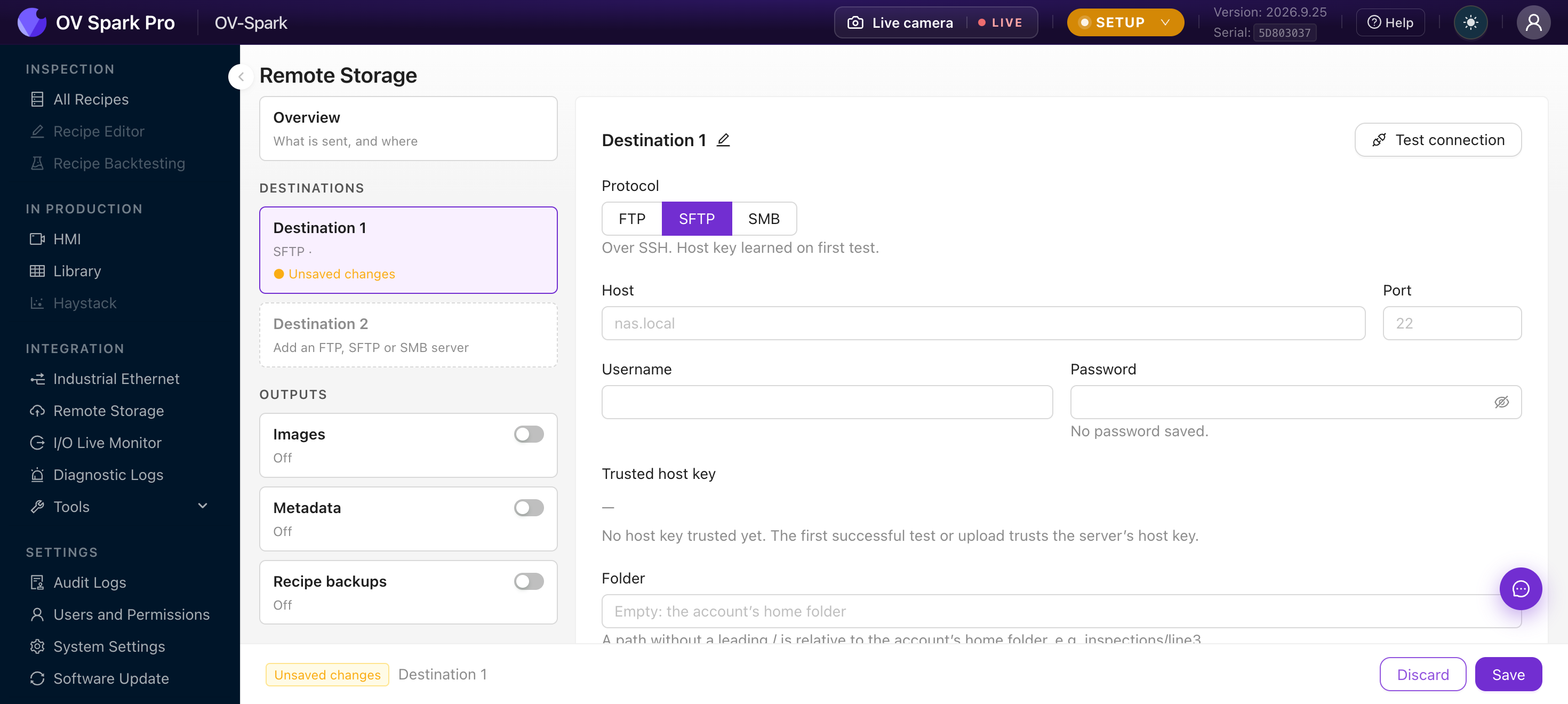 Destino 1 con SFTP seleccionado, mostrando Host, Puerto, Usuario, Contraseña, Clave de host confiable, Carpeta y el botón Probar conexión