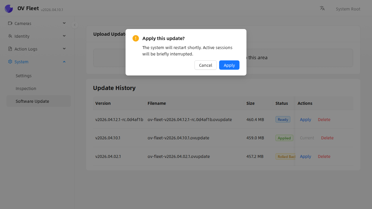 Cuadro de diálogo de confirmación de actualización de software que muestra la versión y el botón de aplicar