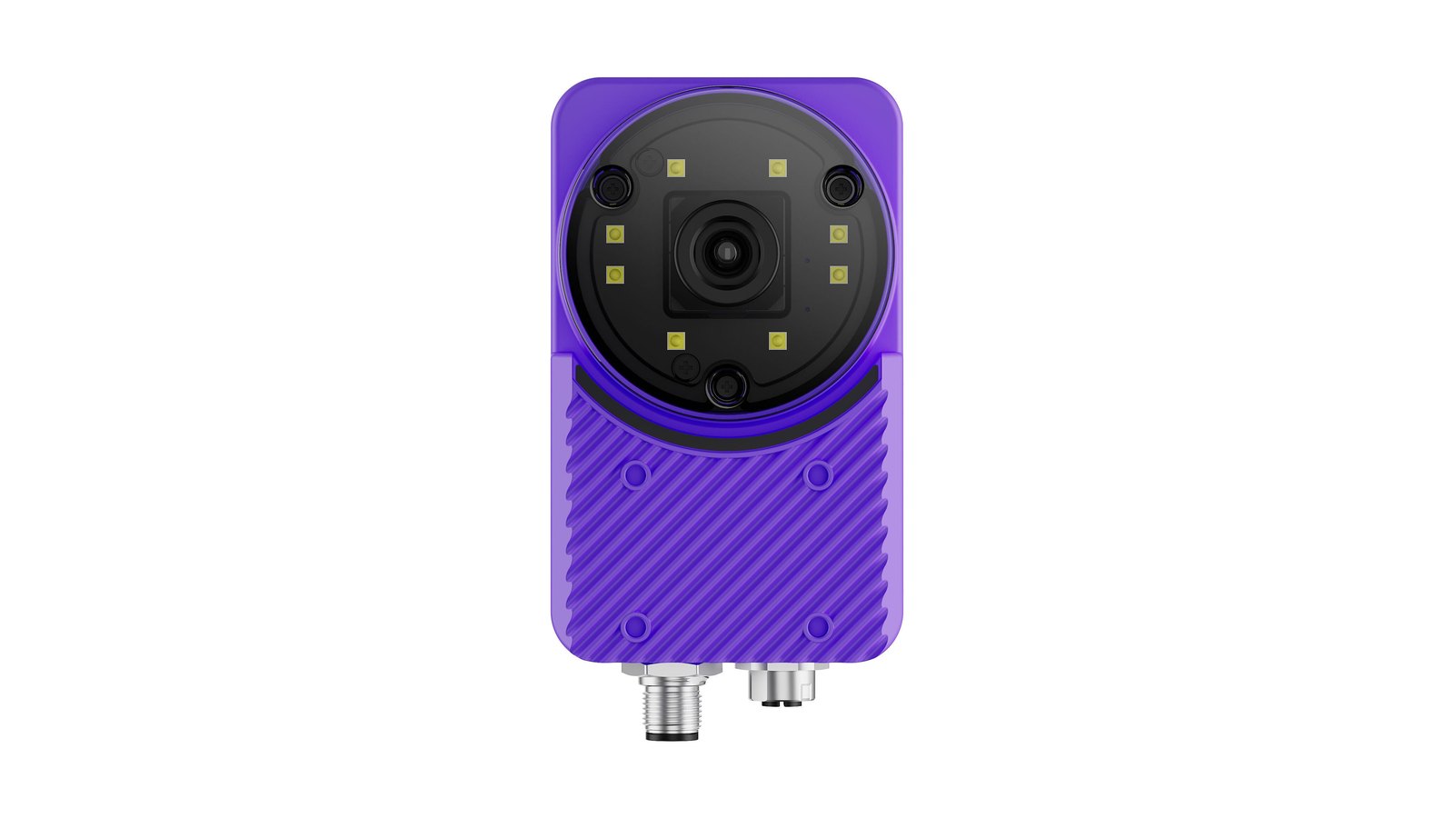 Cara frontal de OV Spark: la lente de autoenfoque de 6 mm rodeada por ocho LED blancos, sobre el panel de montaje con nervaduras