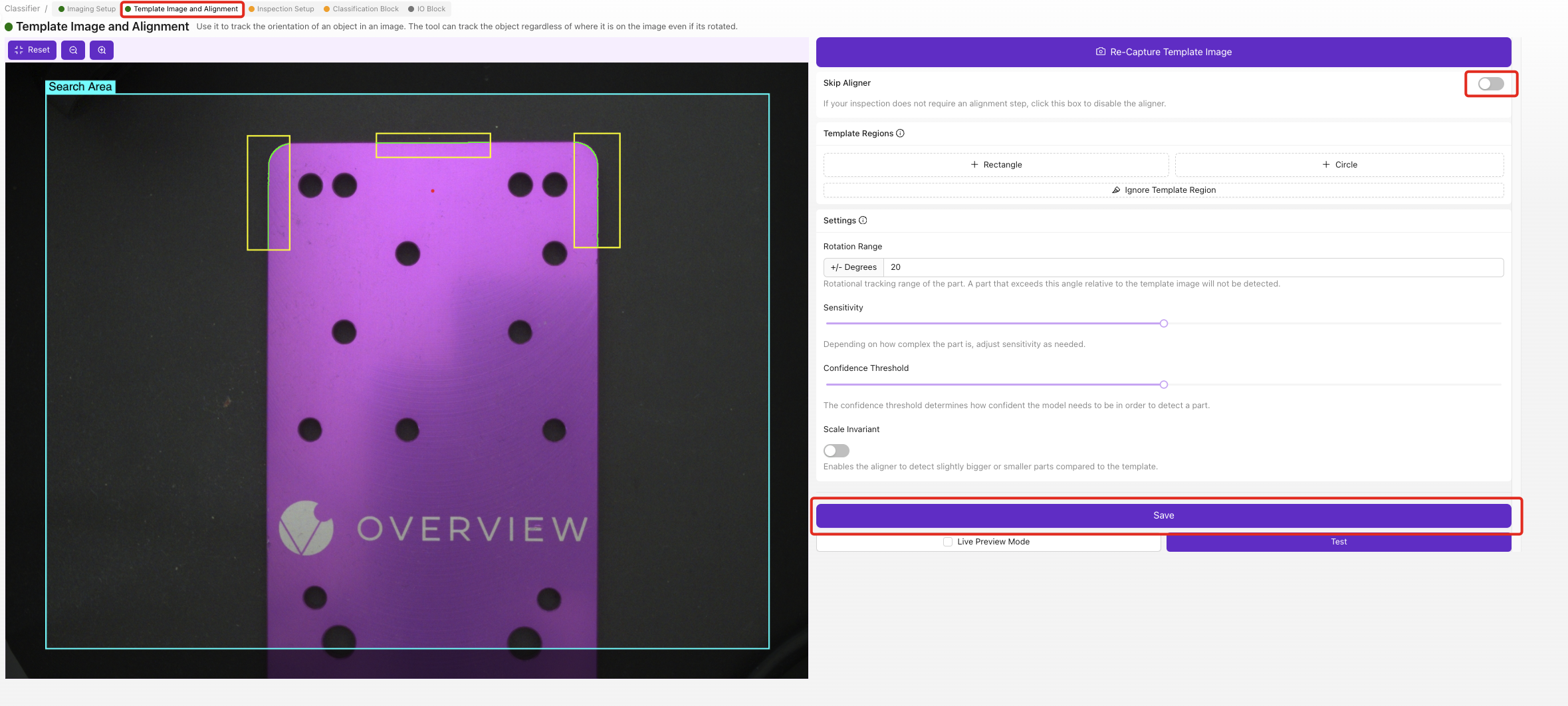 Template alignment setup