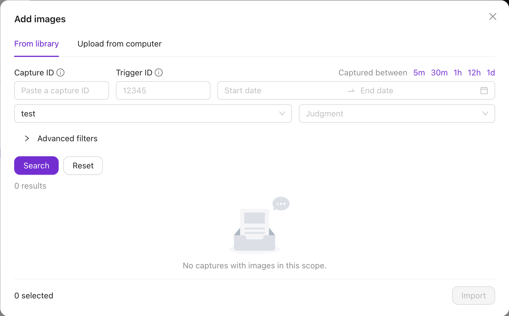 Selector de Agregar imágenes con las pestañas Desde biblioteca y Subir desde computadora, filtros por Capture ID, Trigger ID, hora de captura, receta y veredicto, y un botón Importar