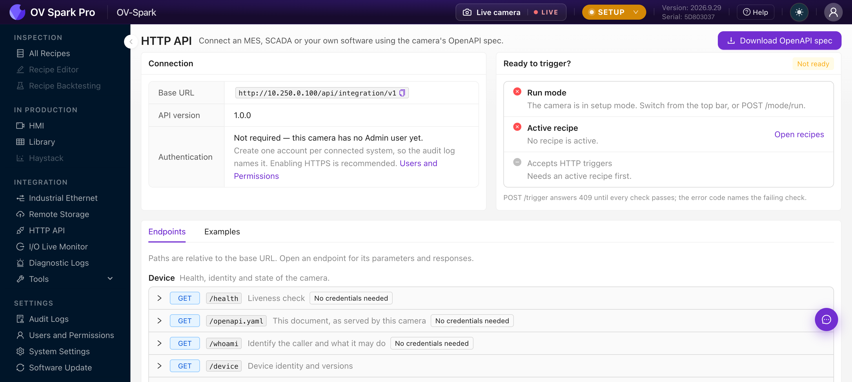 Pantalla HTTP API de OV Spark con la Base URL, la versión de la API y Autenticación, una lista de verificación Ready to trigger, y las pestañas Endpoints y Examples