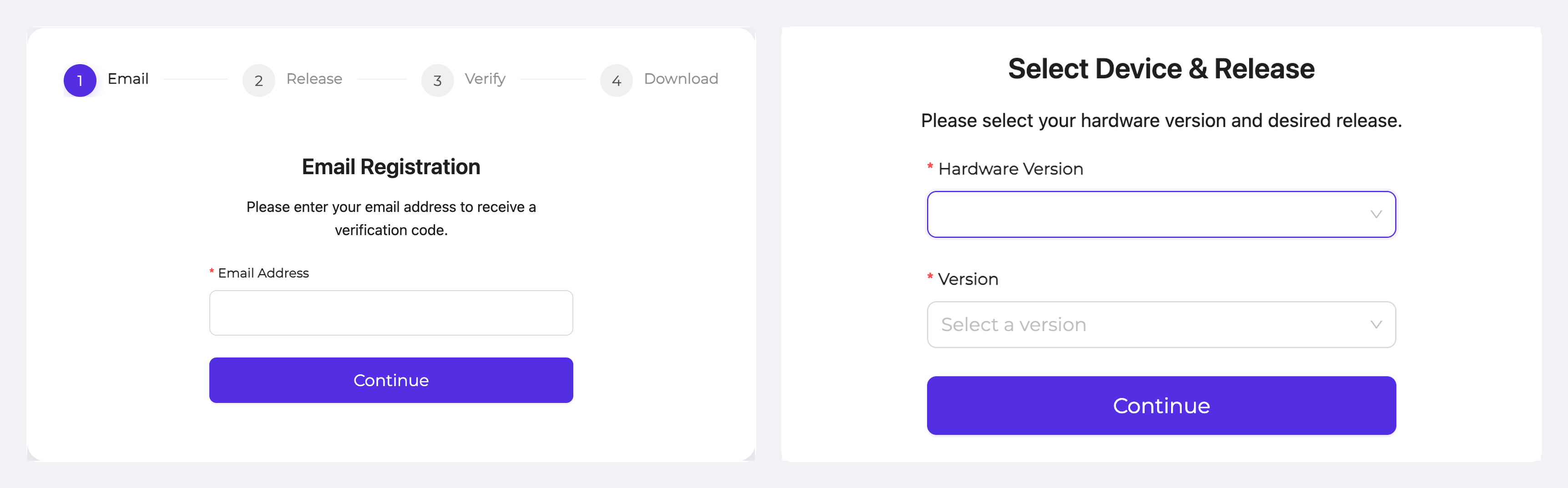 El portal de actualizaciones de Overview: el paso Email a la izquierda, y Select Device and Release con Hardware Version y Version a la derecha