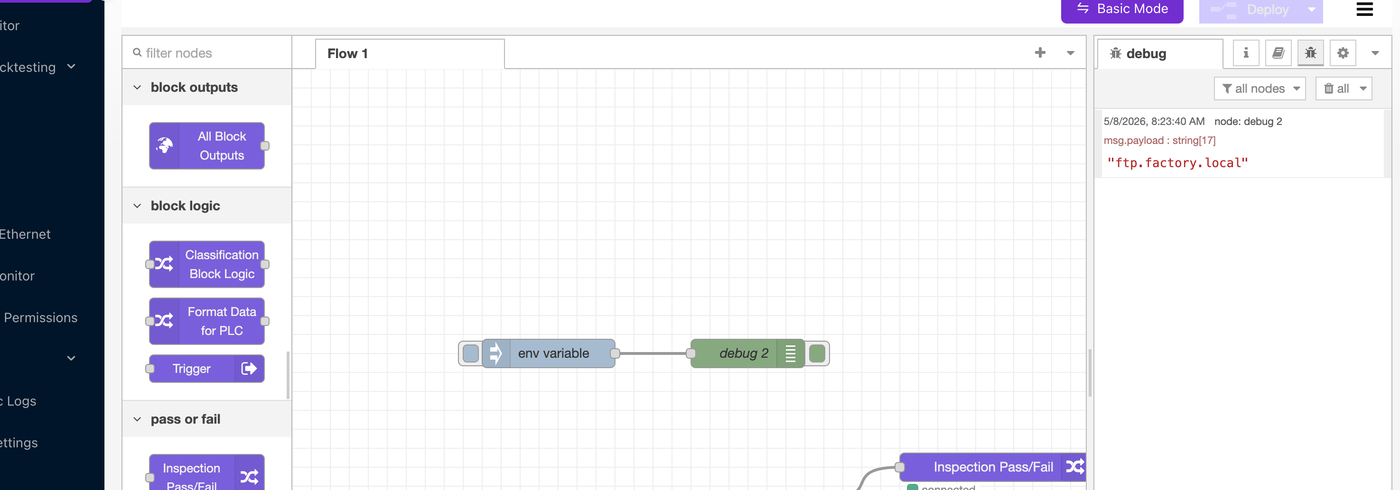 Flow với inject -> "env variable" -> debug 2; sidebar debug hiển thị "ftp.factory.local"