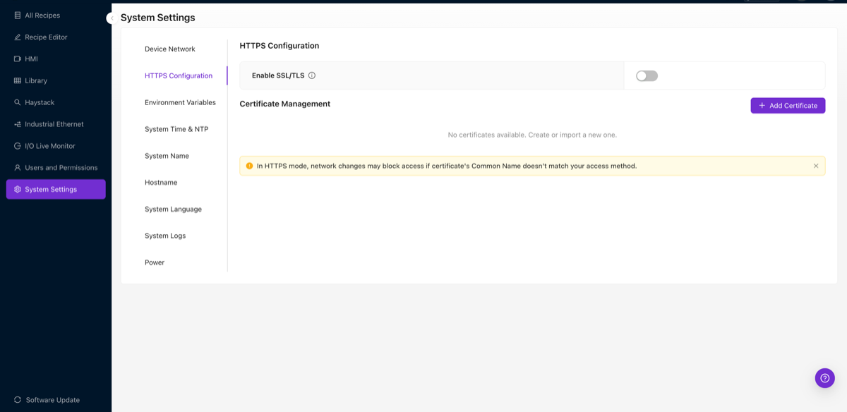 Tab HTTPS Configuration trong System Settings hiển thị công tắc Enable SSL/TLS và phần Certificate Management