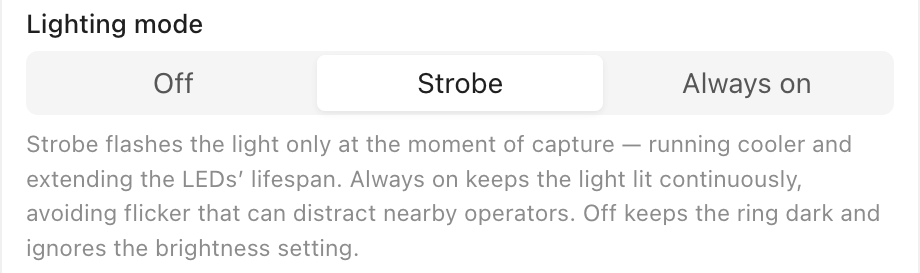 Điều khiển chế độ chiếu sáng với Off, Strobe và Always on