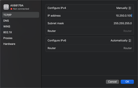 Mac Network settings showing manual IPv4 configuration with static IP