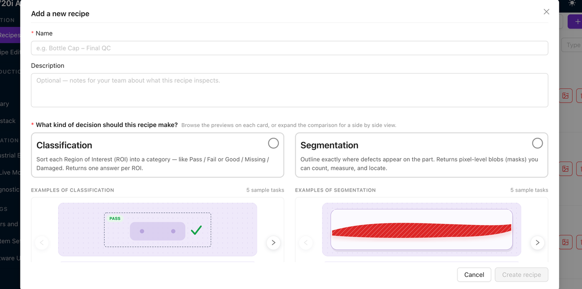 Hộp thoại Add a new recipe với các tùy chọn Classification và Segmentation