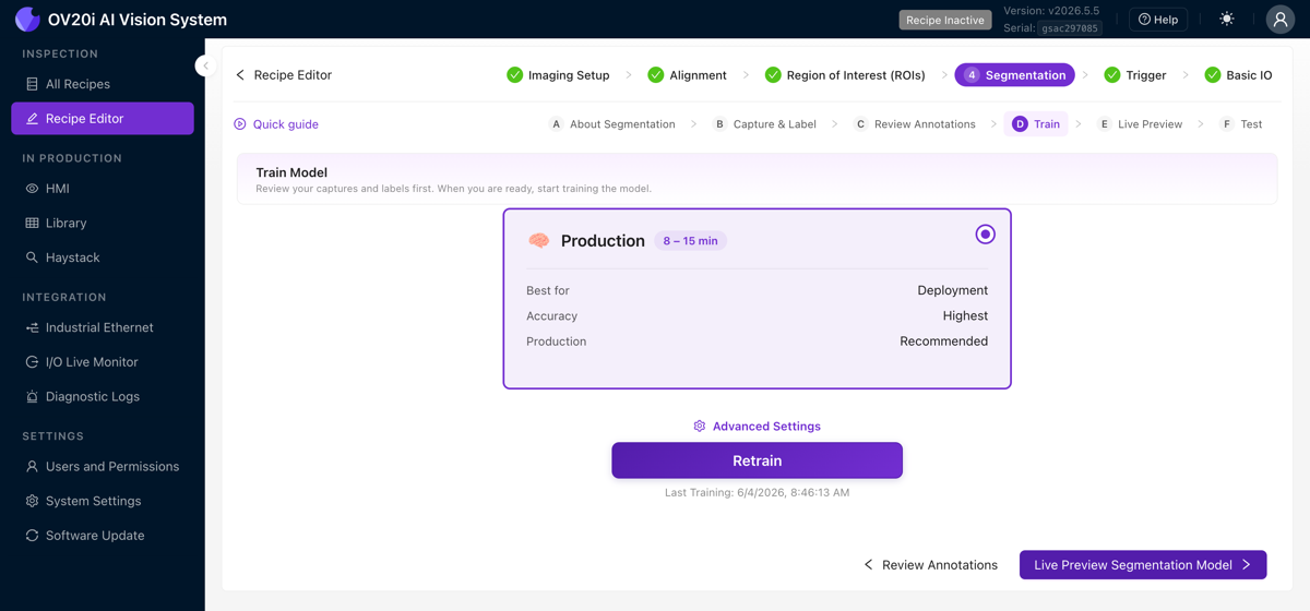 Tab Segmentation Train với cài đặt sẵn Production