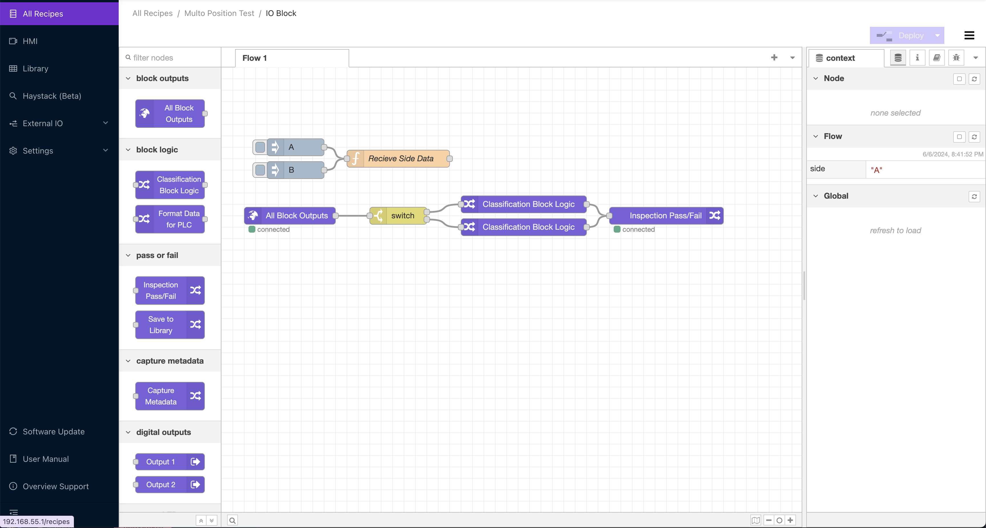 Node-RED flow editor showing block outputs, pass/fail logic, and digital outputs