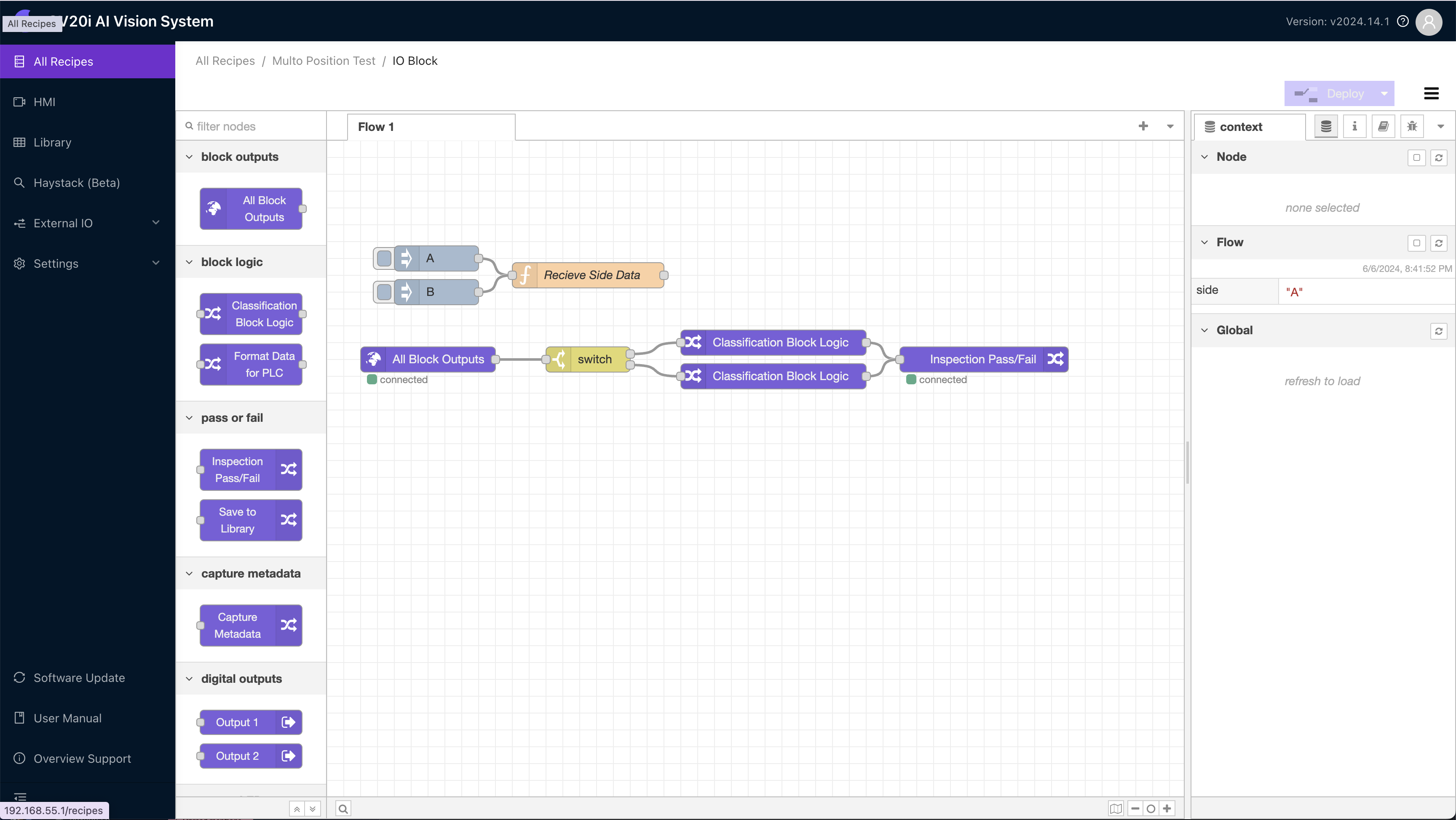 Node-RED flow editor showing block outputs, pass/fail logic, and digital outputs