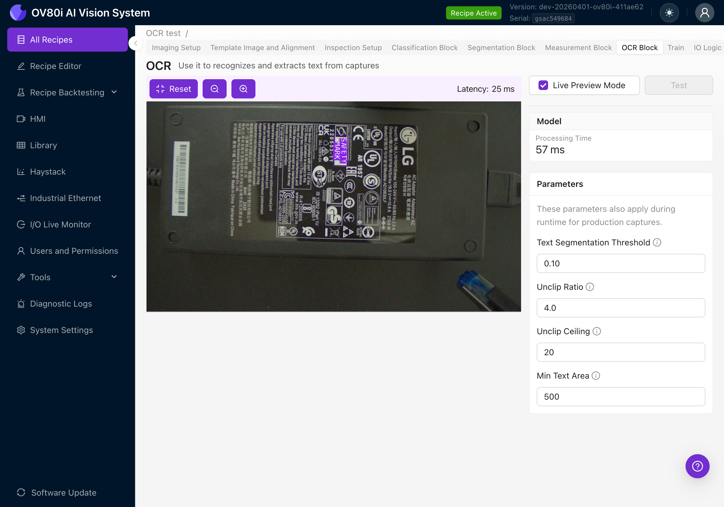 OCR Live Preview with parameters panel