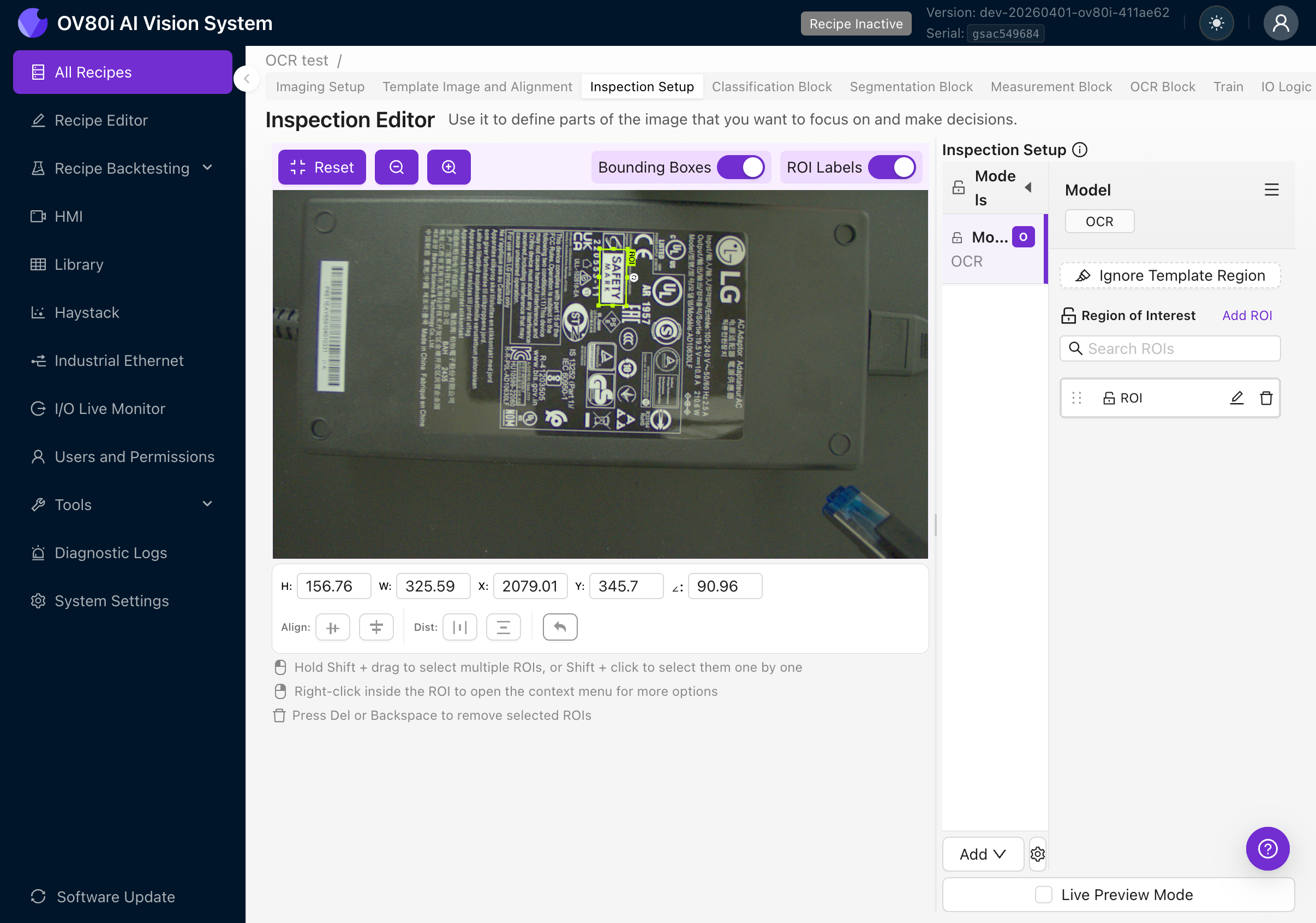 ROI được chọn hiển thị vị trí, kích thước và góc 90.96 độ