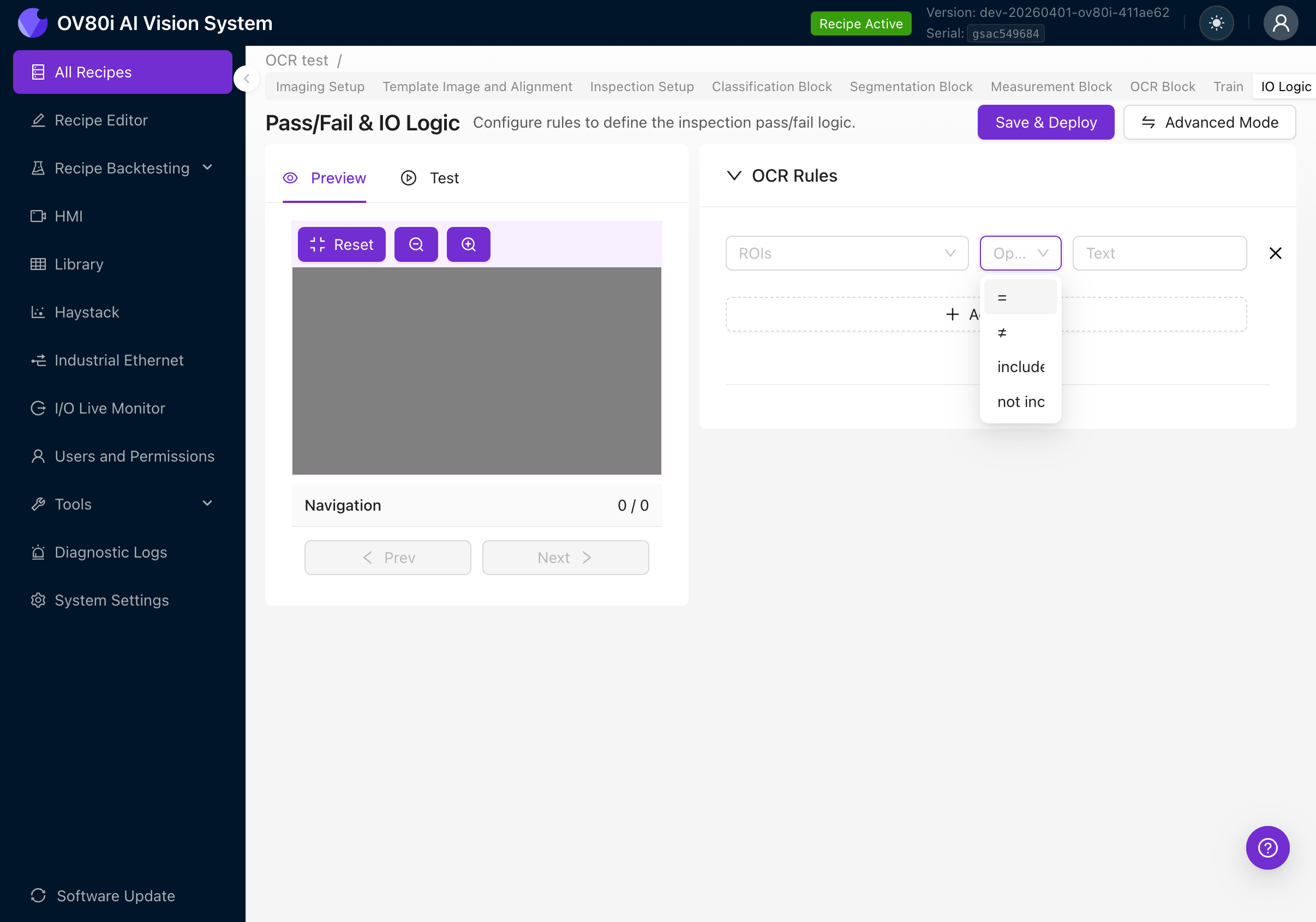 Dropdown Operator hiển thị equals, not equals, includes, not includes
