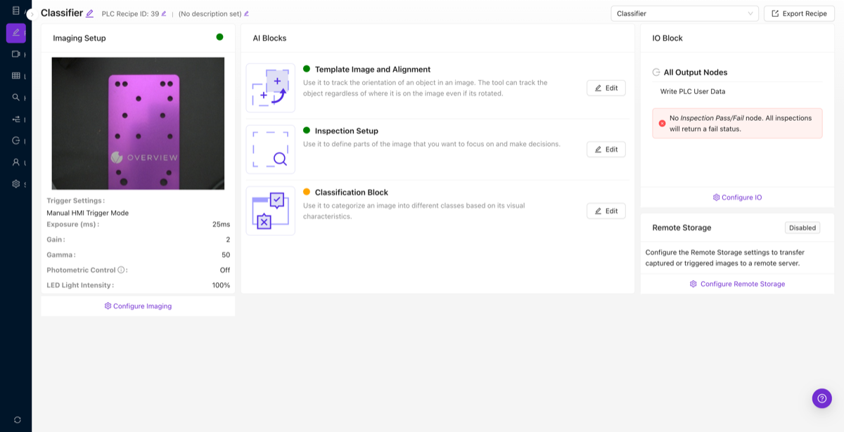 Recipe Editor hiển thị Imaging Setup, AI Blocks và IO Block