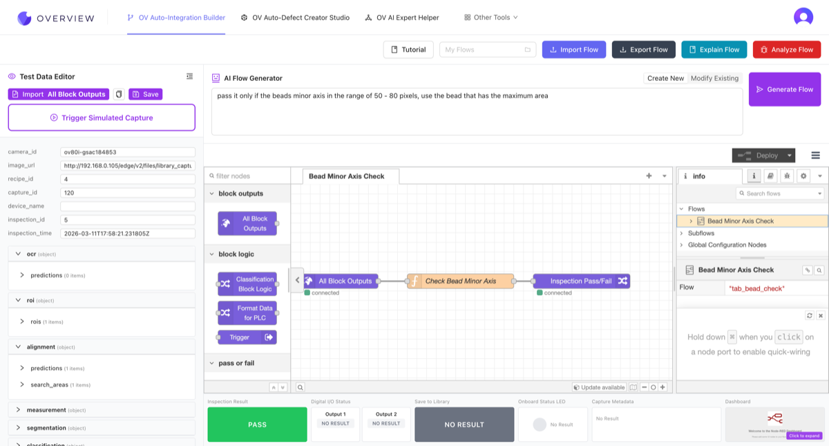 Auto-Integration Builder toolbar showing Import Flow, Export Flow, Explain Flow, and Analyze Flow buttons