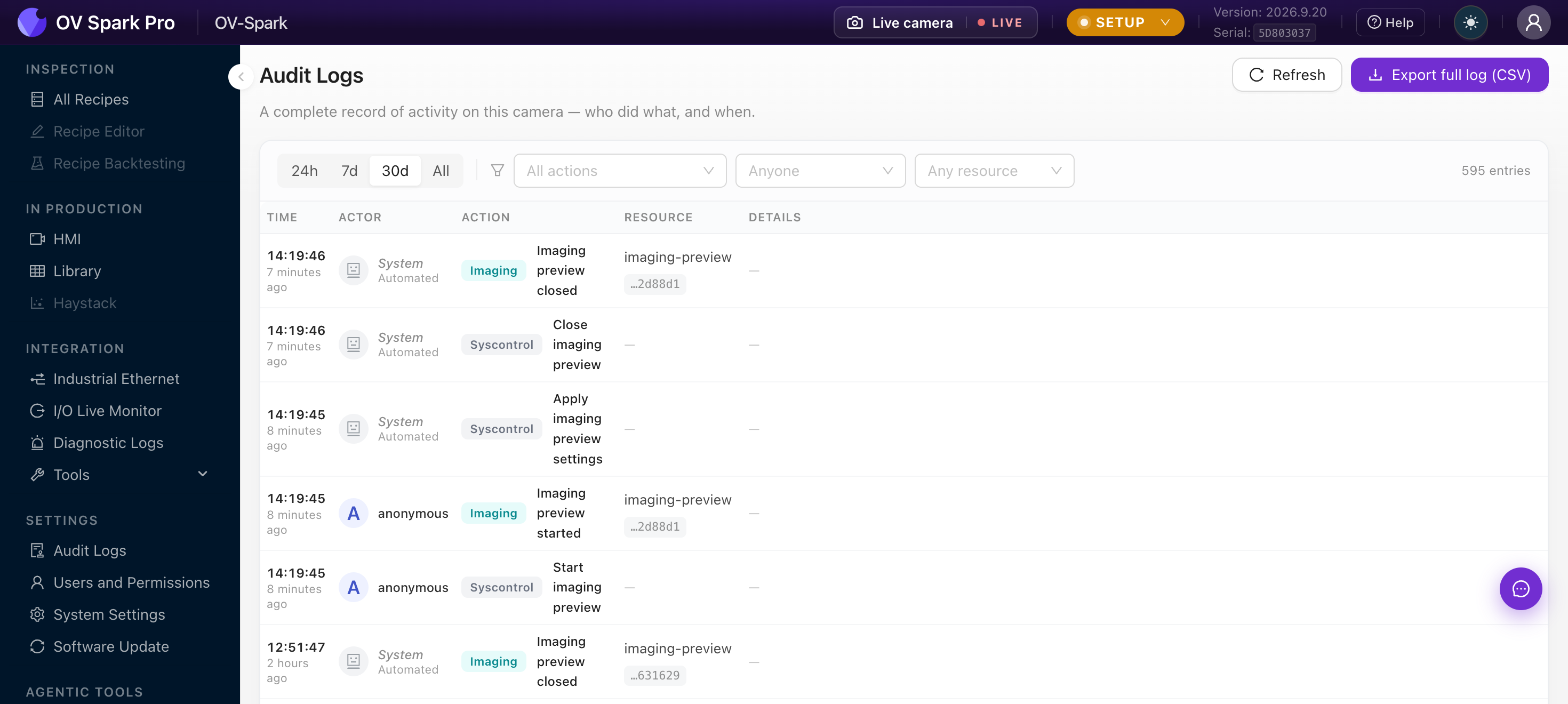 OV Spark Audit Logs với bộ lọc theo khoảng thời gian, hành động và người thực hiện