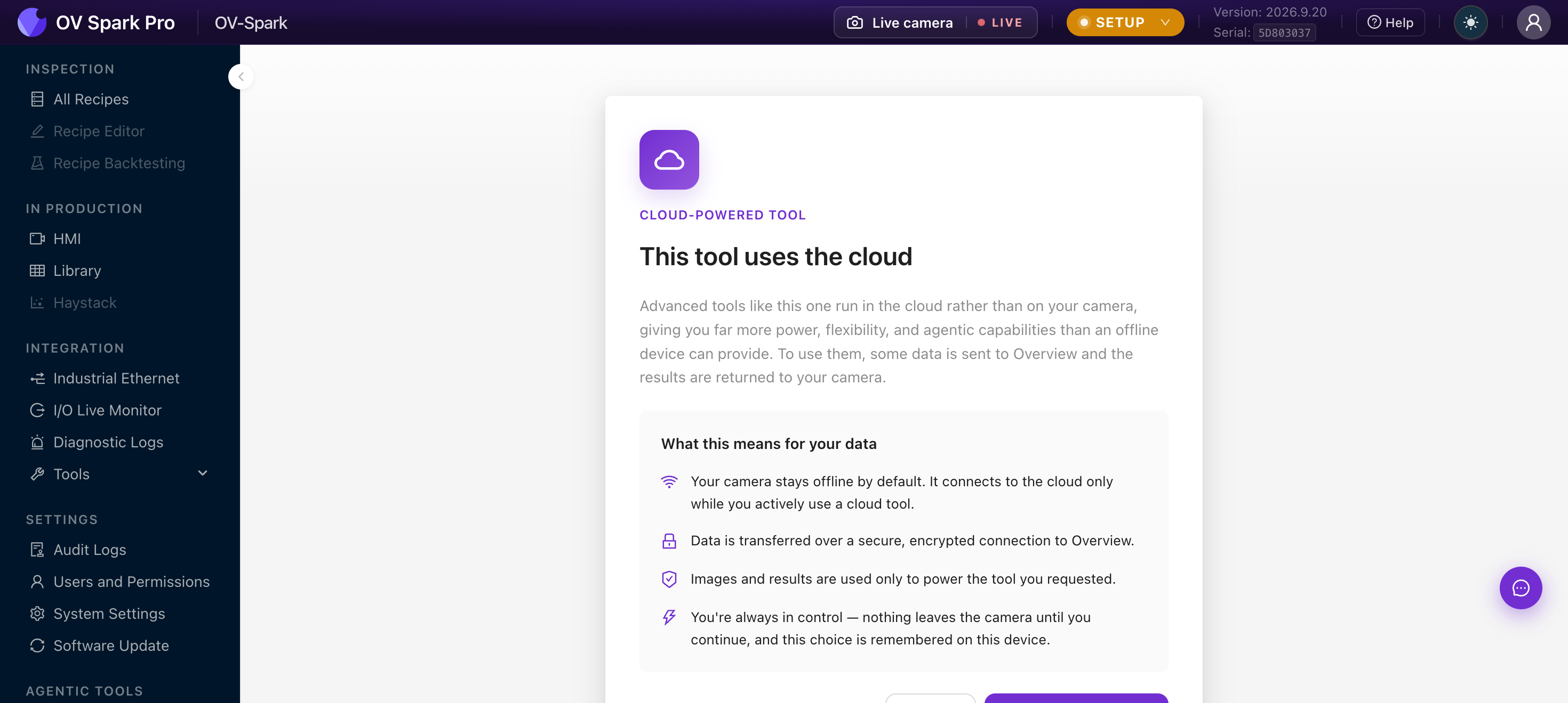OV Spark cloud tool consent screen explaining what using a cloud tool means for your data