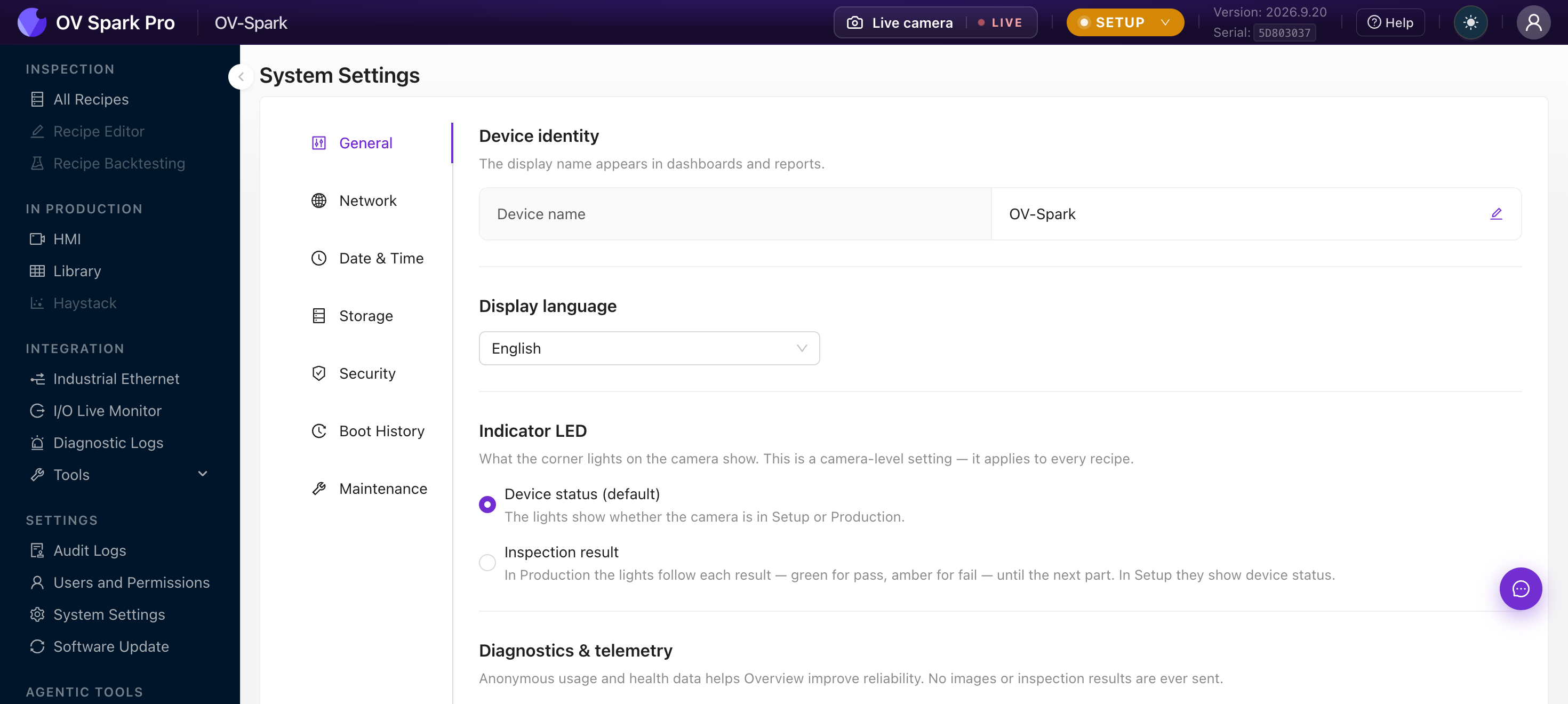 OV Spark System Settings