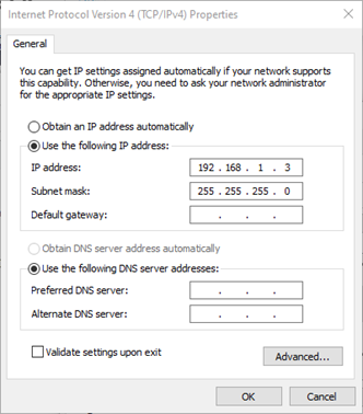 Windows TCP/IPv4 Properties dialog showing static IP configuration