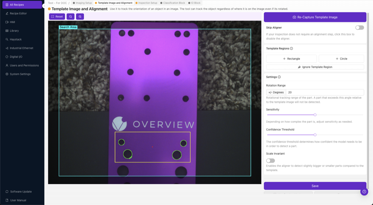 The Template Image and Alignment page showing a template image with edge-highlighted regions and the settings panel on the right